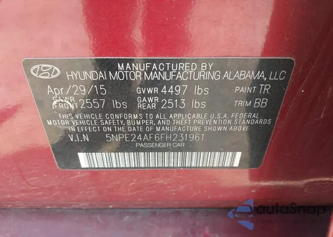 2015 Hyundai Sonata Se z USA, uszkodzony, nr VIN 5NPE24AF6FH231961